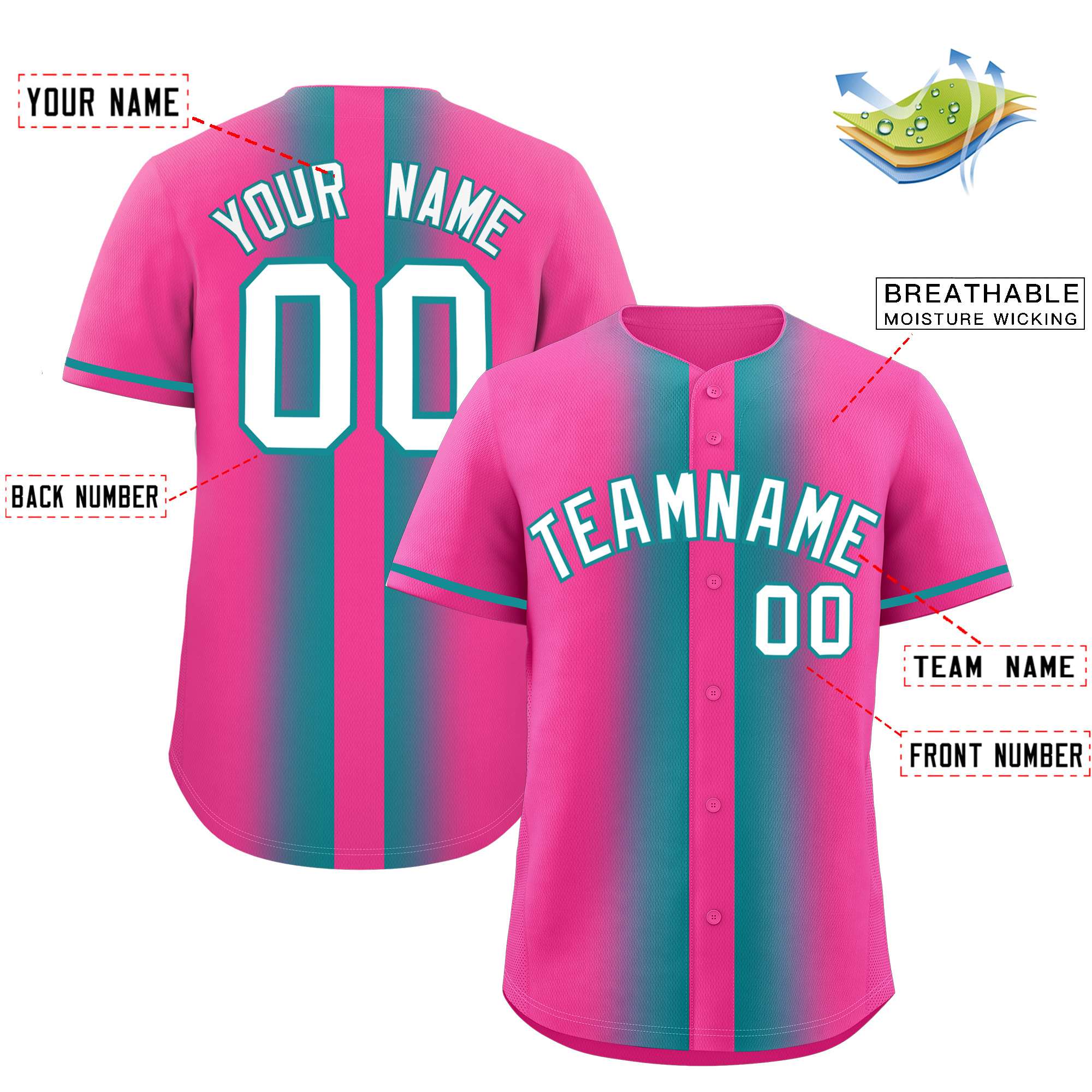 Custom Pink Aqua Lapel Gradient Fashion Authentic Baseball Jersey| KXKSHOP