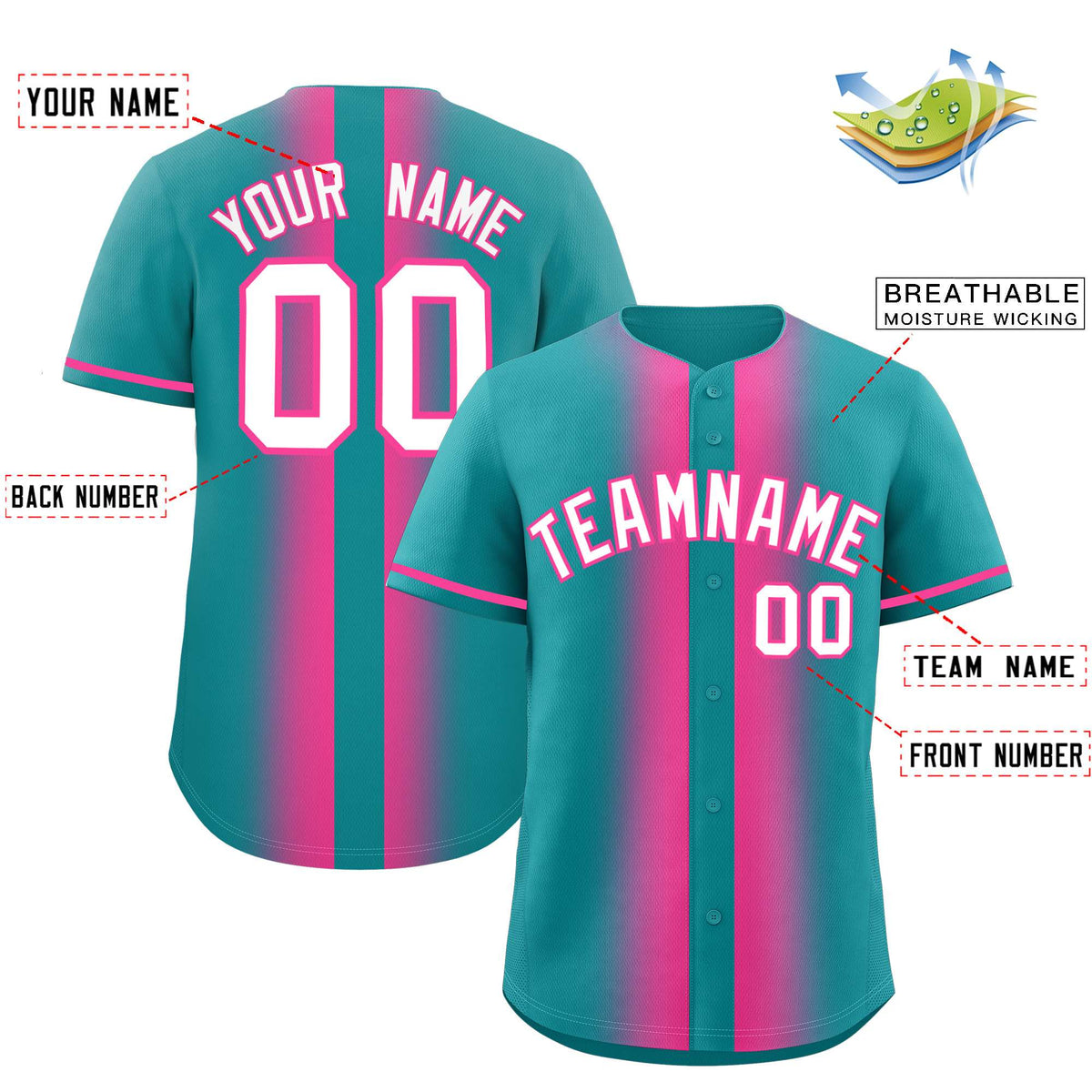 Custom Aqua Pink Lapel Gradient Fashion Authentic Baseball Jersey| KXKSHOP