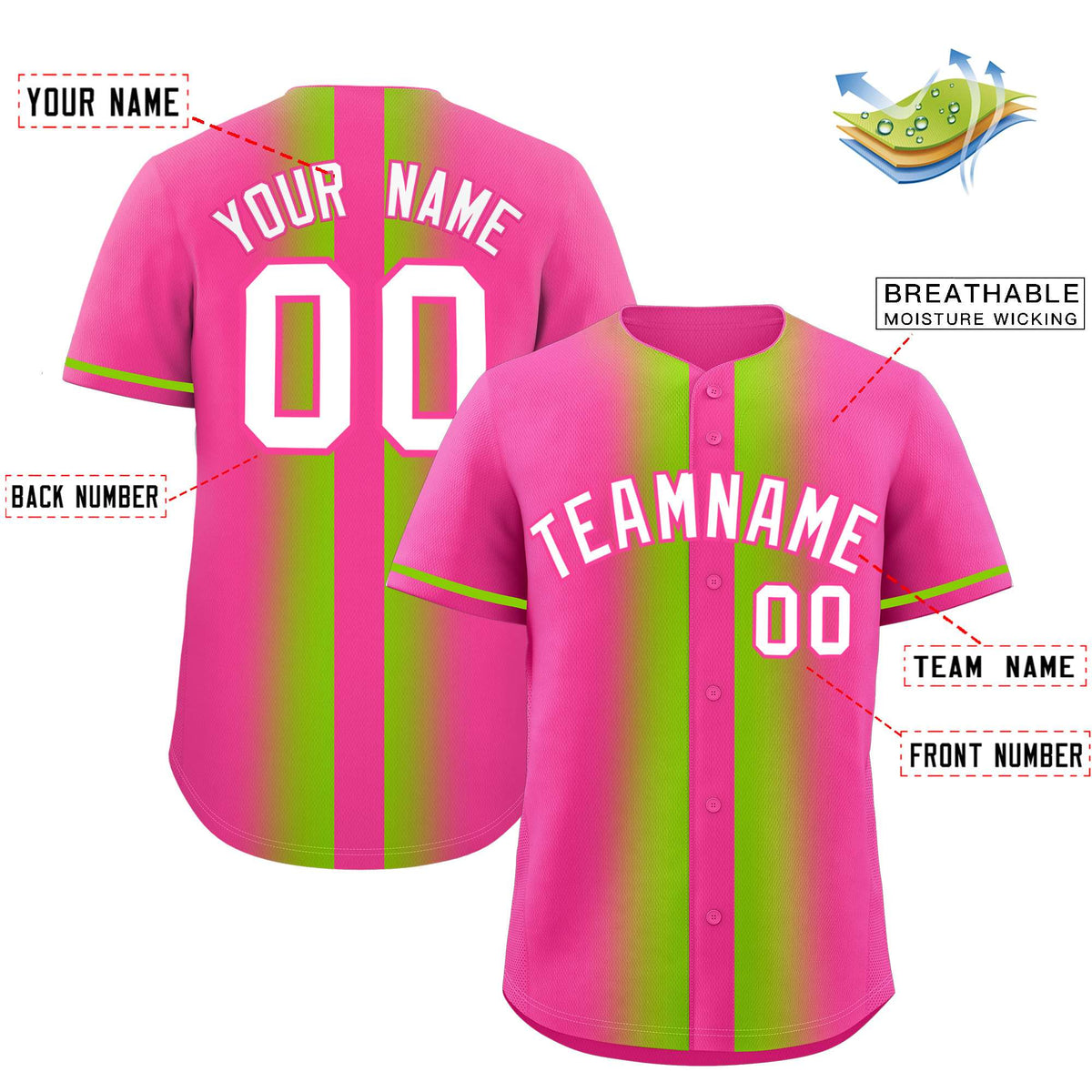 Custom Pink Neon Green Lapel Gradient Fashion Authentic Baseball Jersey| KXKSHOP