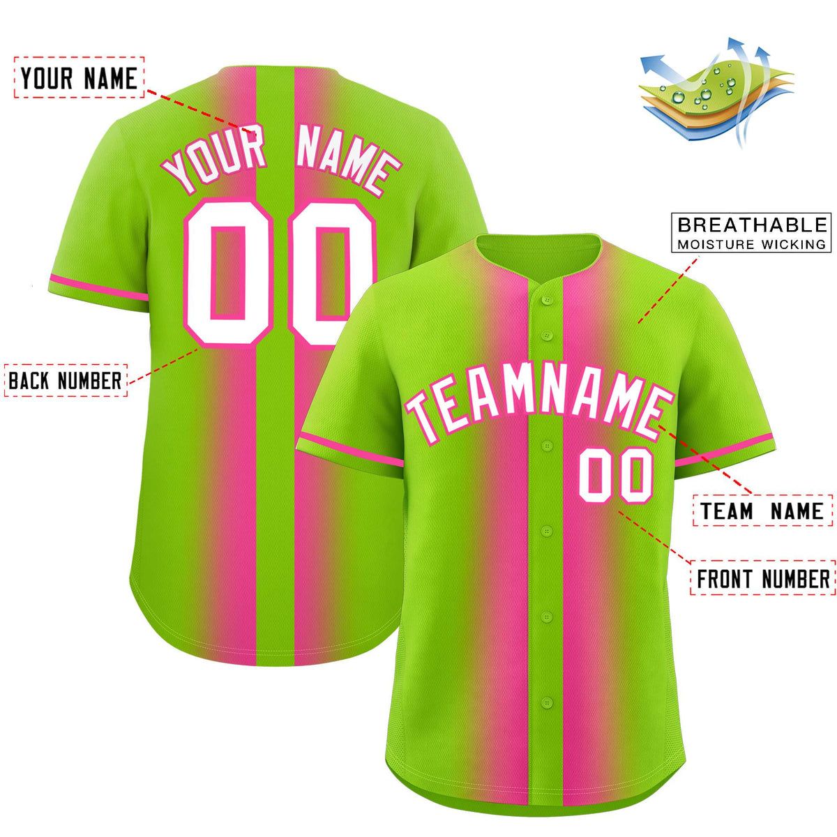 Custom Neon Green Pink Lapel Gradient Fashion Authentic Baseball Jersey| KXKSHOP