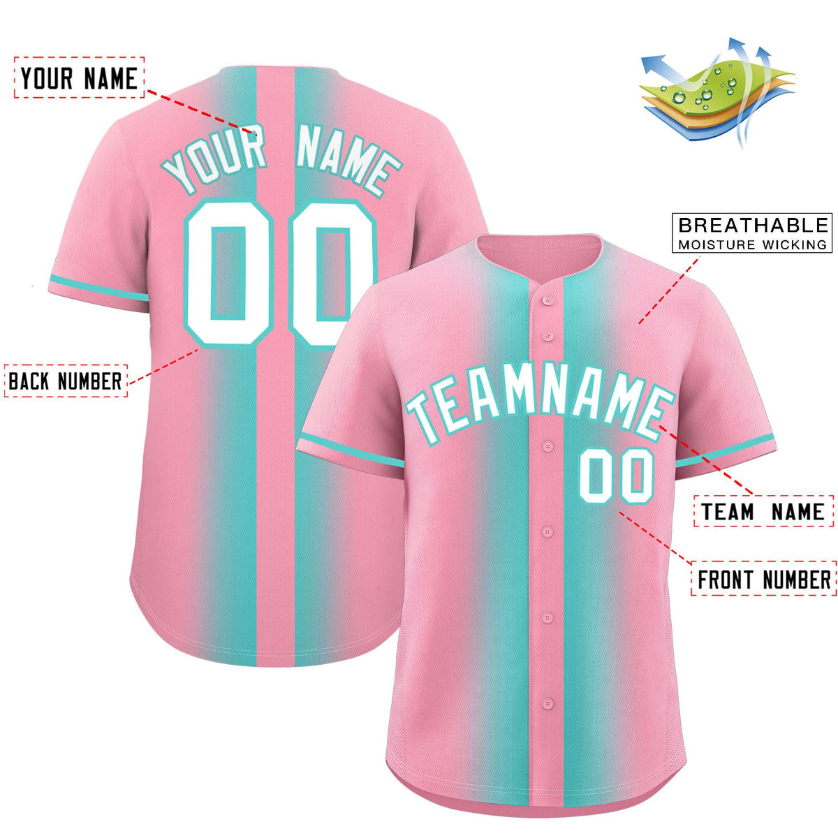 Custom Light Pink Bright Green Lapel Gradient Fashion Authentic Baseball Jersey| KXKSHOP