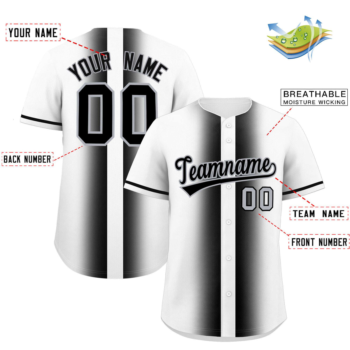 Custom White Black Lapel Gradient Fashion Authentic Baseball Jersey| KXKSHOP