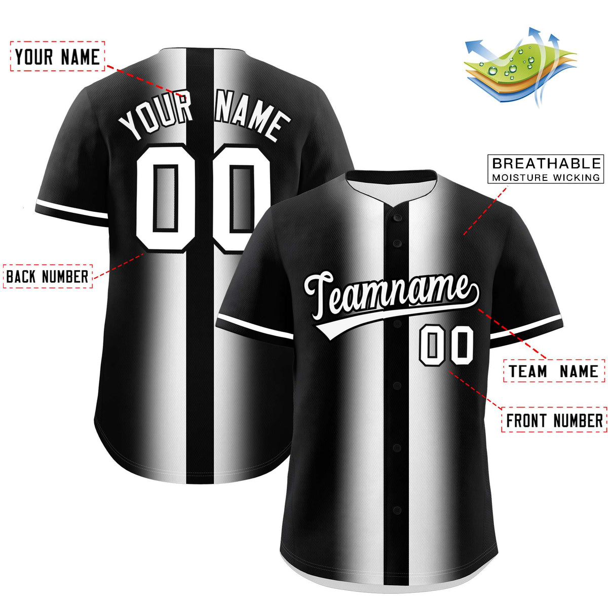 Custom Black White Lapel Gradient Fashion Authentic Baseball Jersey| KXKSHOP