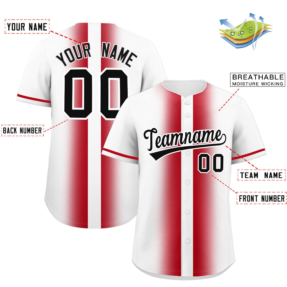 Custom White Red Lapel Gradient Fashion Authentic Baseball Jersey| KXKSHOP