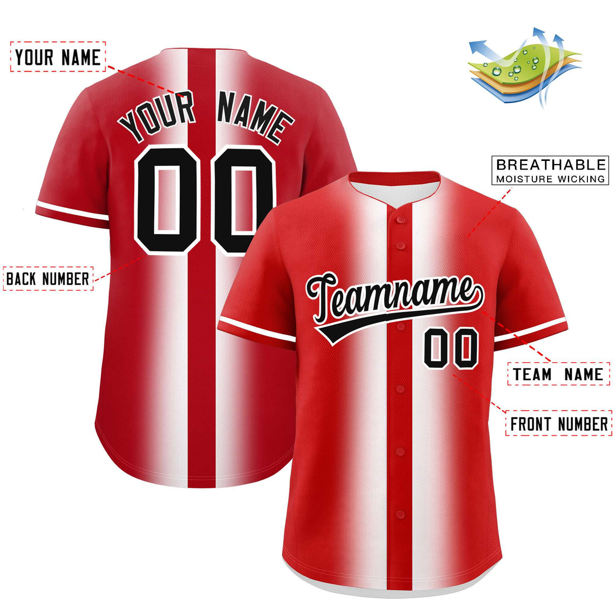 Custom Red White Lapel Gradient Fashion Authentic Baseball Jersey| KXKSHOP