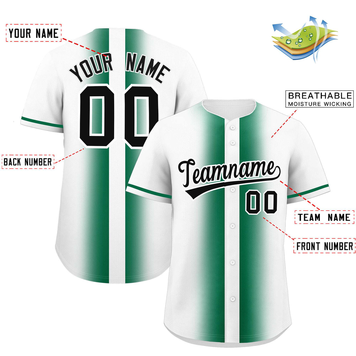 Custom White Kelly Green Lapel Gradient Fashion Authentic Baseball Jersey| KXKSHOP