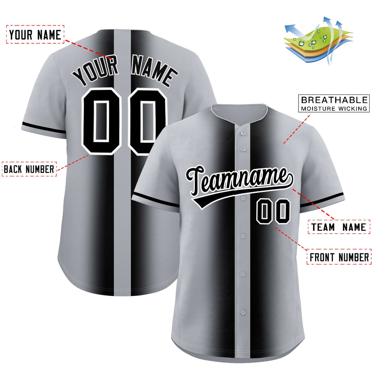Custom Silver Black Lapel Gradient Fashion Authentic Baseball Jersey| KXKSHOP
