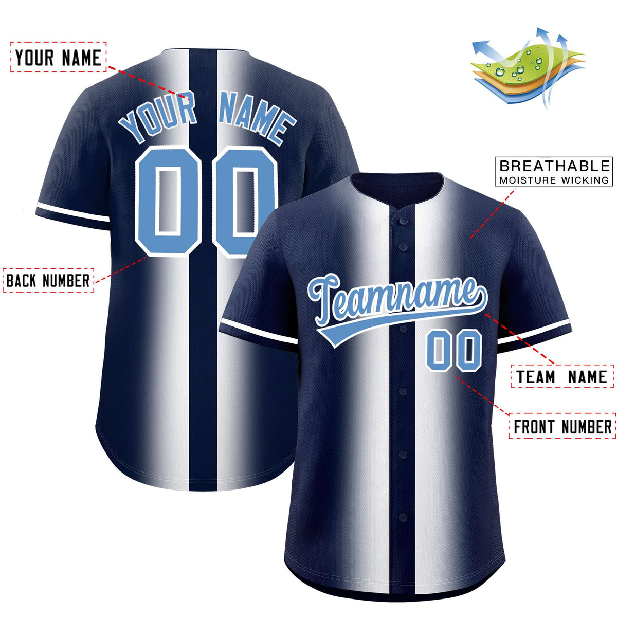 Custom Navy White Lapel Gradient Fashion Authentic Baseball Jersey| KXKSHOP