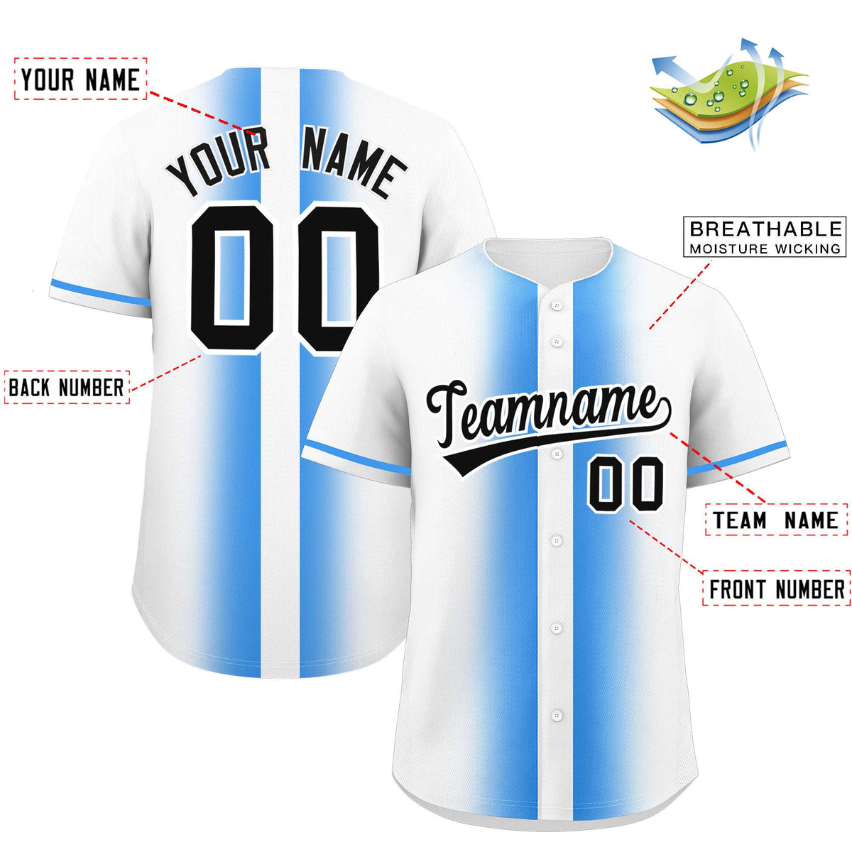 Custom White Powder Blue Lapel Gradient Fashion Authentic Baseball Jersey| KXKSHOP