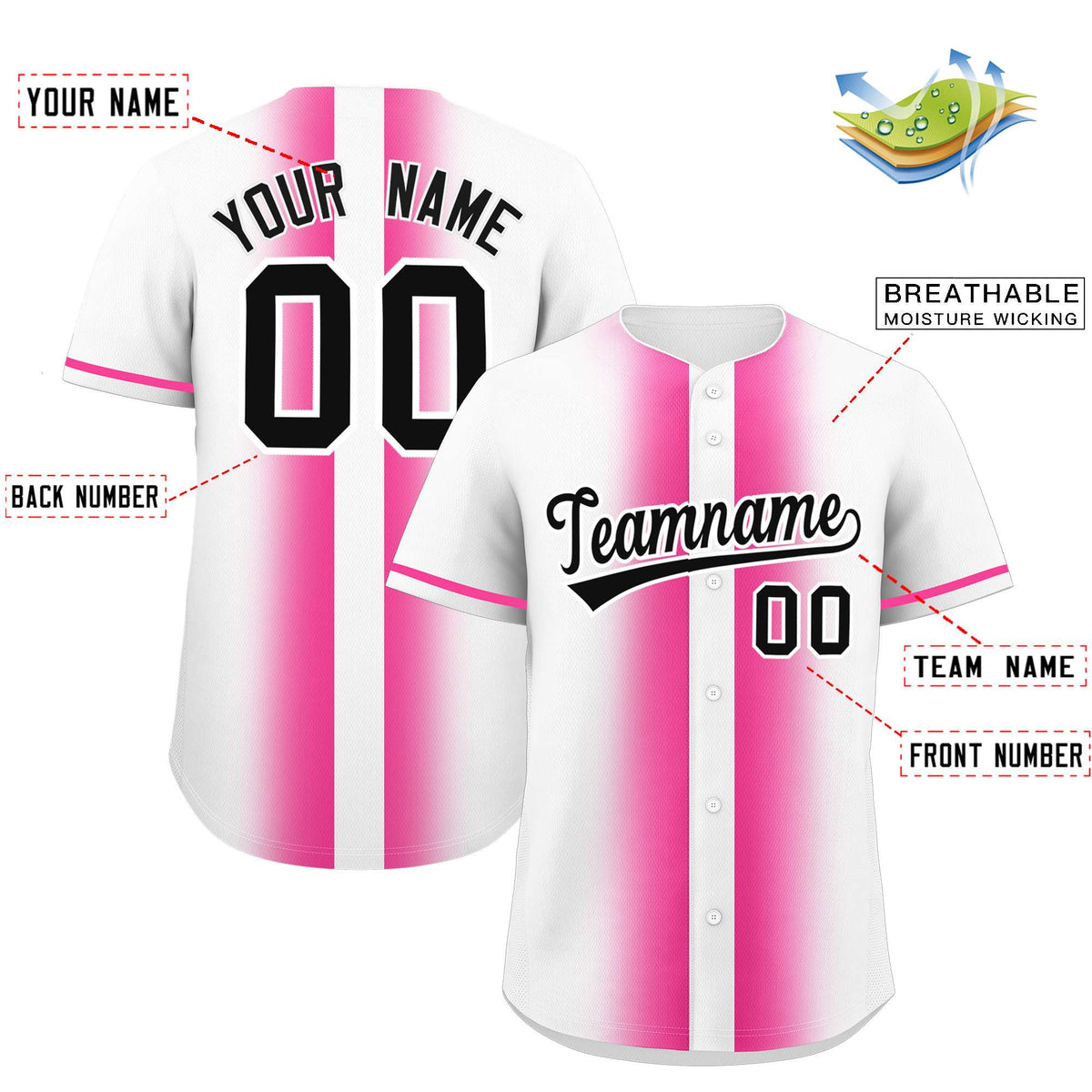 Custom White Pink Lapel Gradient Fashion Authentic Baseball Jersey| KXKSHOP