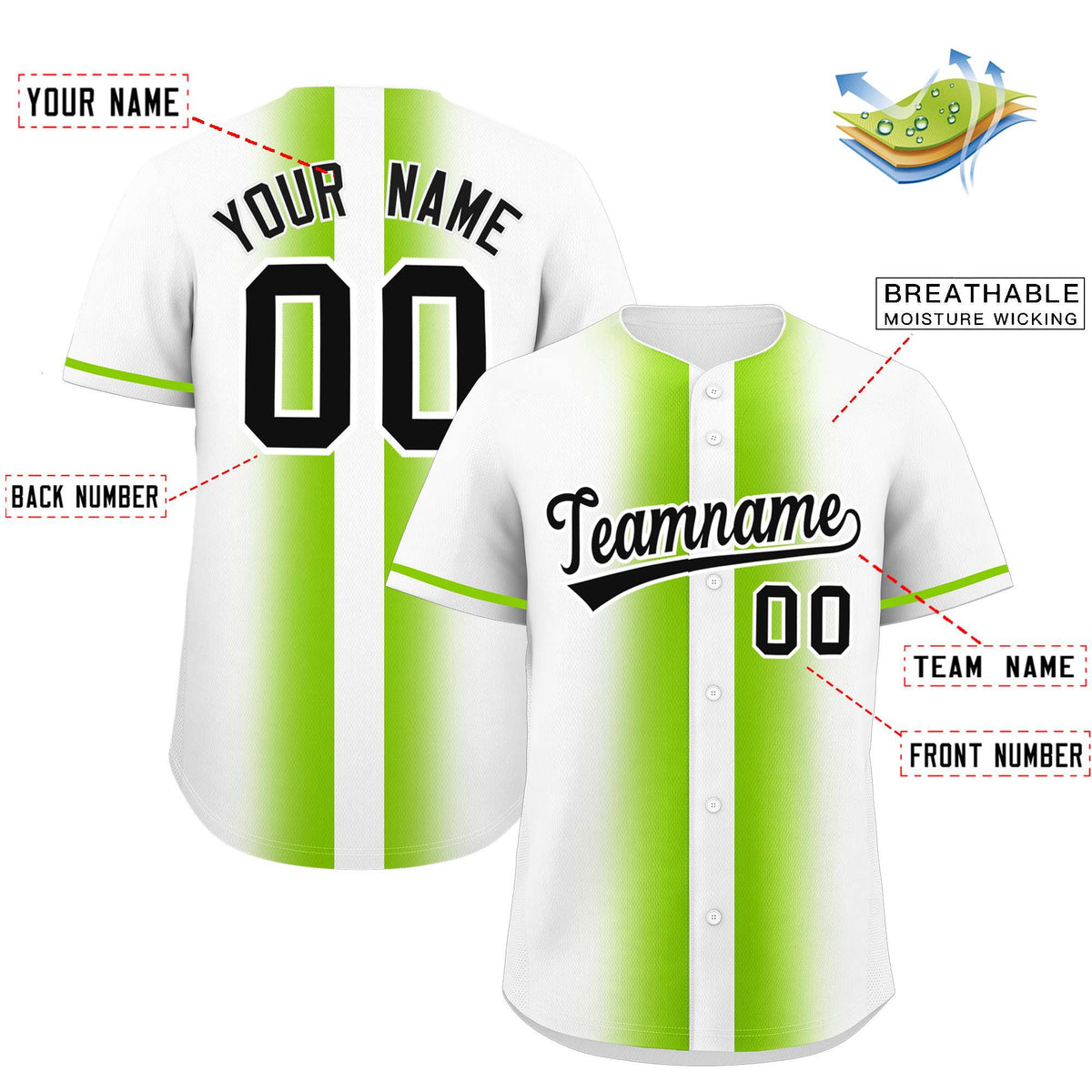 Custom White Neon Green Lapel Gradient Fashion Authentic Baseball Jersey| KXKSHOP