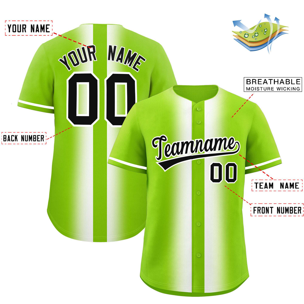 Custom Neon Green White Lapel Gradient Fashion Authentic Baseball Jersey| KXKSHOP