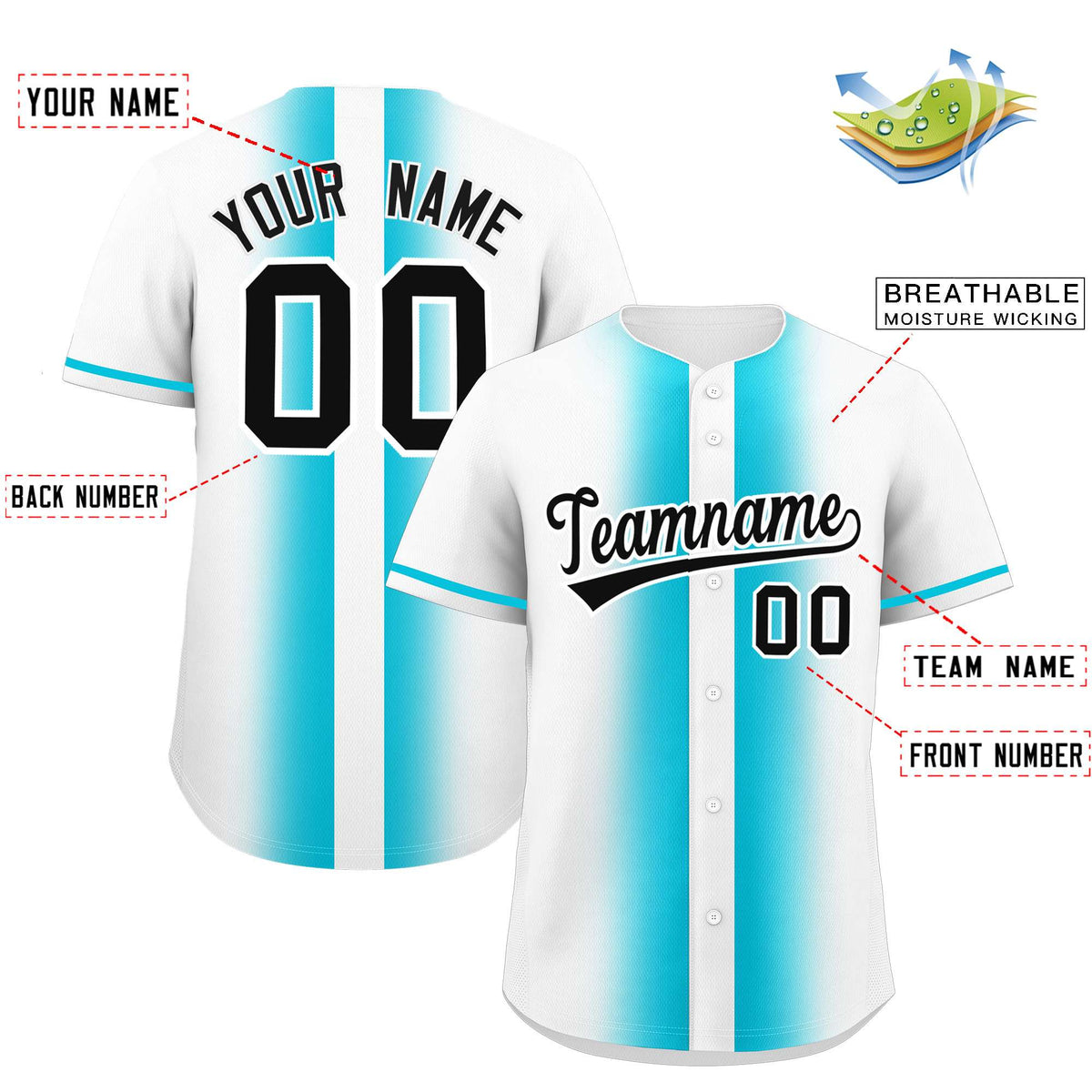 Custom White Sky Blue Lapel Gradient Fashion Authentic Baseball Jersey| KXKSHOP
