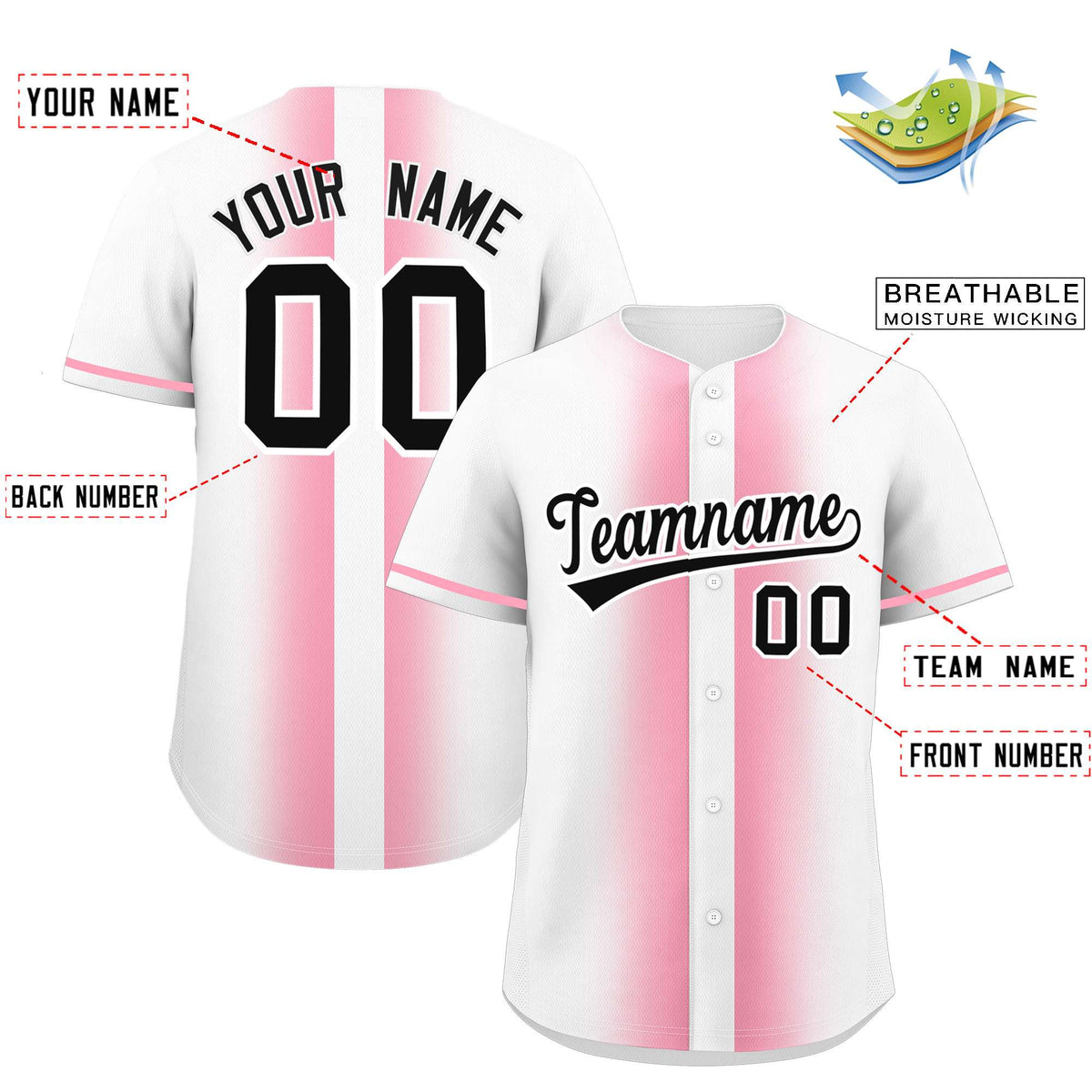 Custom White Light Pink Lapel Gradient Fashion Authentic Baseball Jersey| KXKSHOP