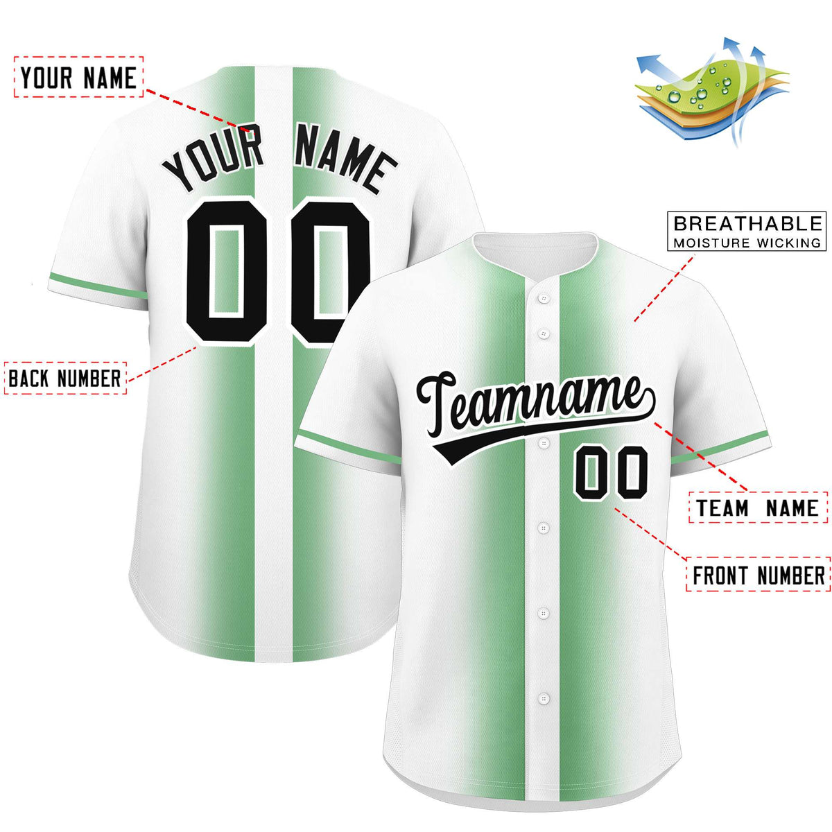 Custom Green White Lapel Gradient Fashion Authentic Baseball Jersey| KXKSHOP