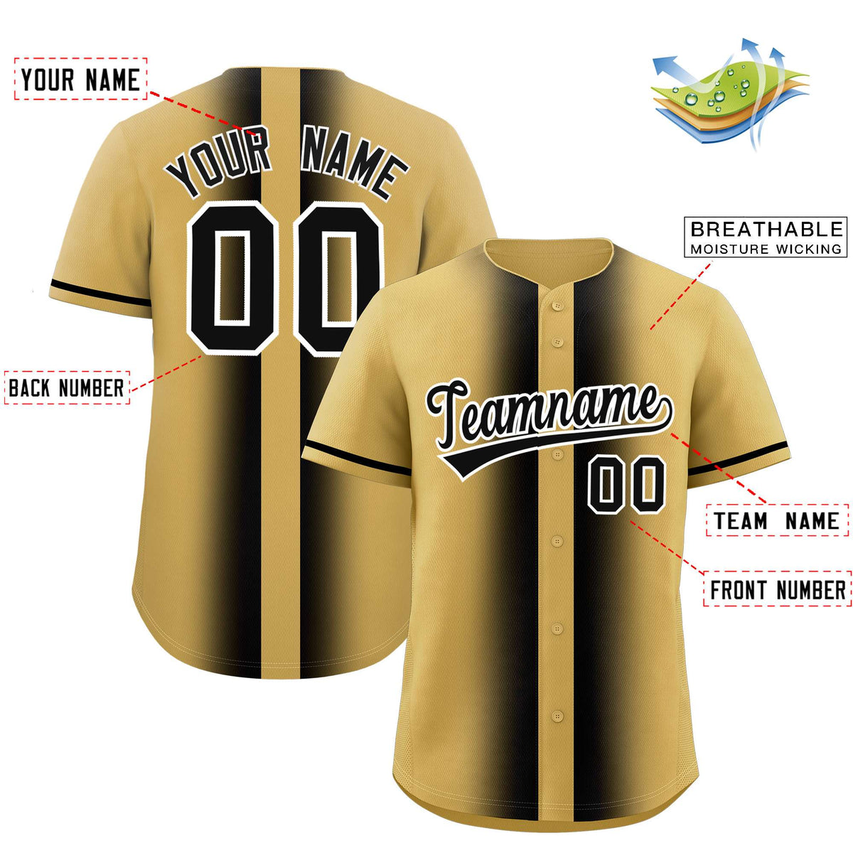 Custom Old Gold Black Lapel Gradient Fashion Authentic Baseball Jersey| KXKSHOP