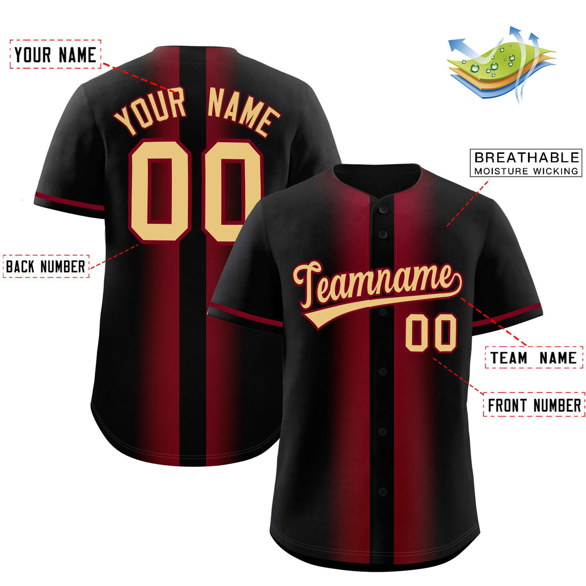 Custom Black Crimson Lapel Gradient Fashion Authentic Baseball Jersey| KXKSHOP