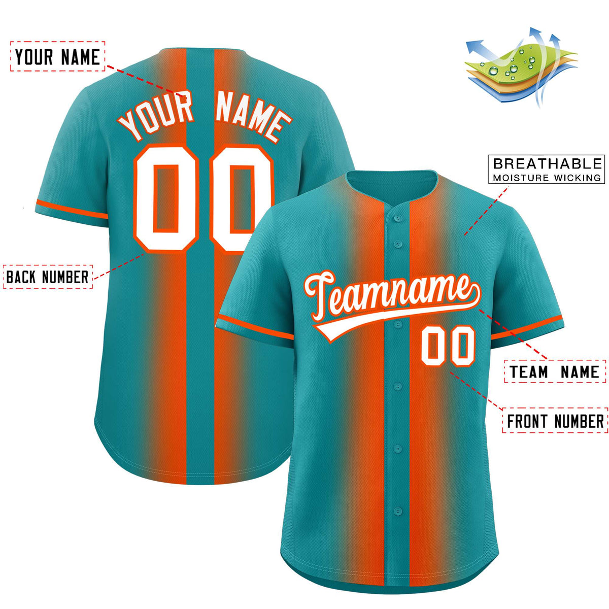Custom Aqua Orange Lapel Gradient Fashion Authentic Baseball Jersey| KXKSHOP