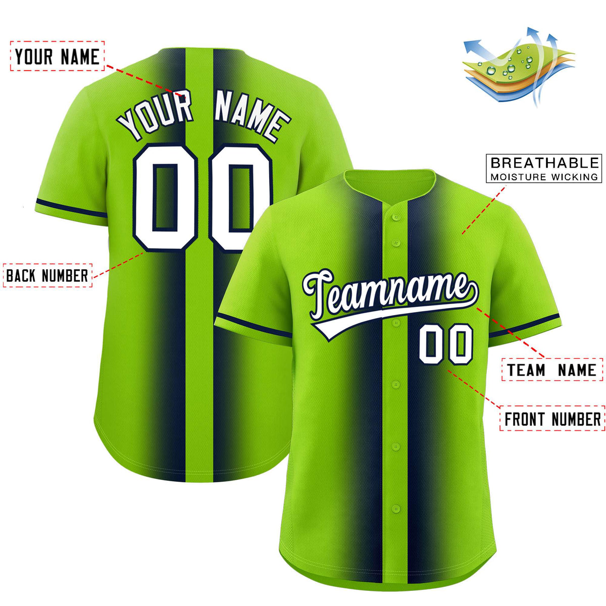 Custom Neon Green Navy Lapel Gradient Fashion Authentic Baseball Jersey| KXKSHOP