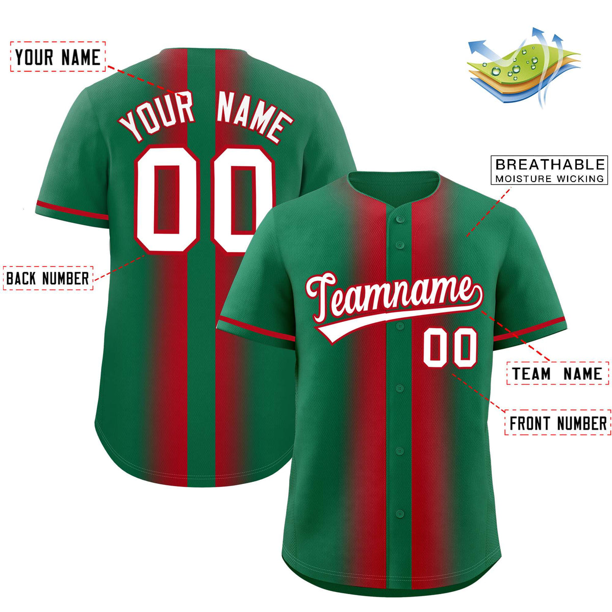 Custom Kelly Green Red Lapel Gradient Fashion Authentic Baseball Jersey| KXKSHOP