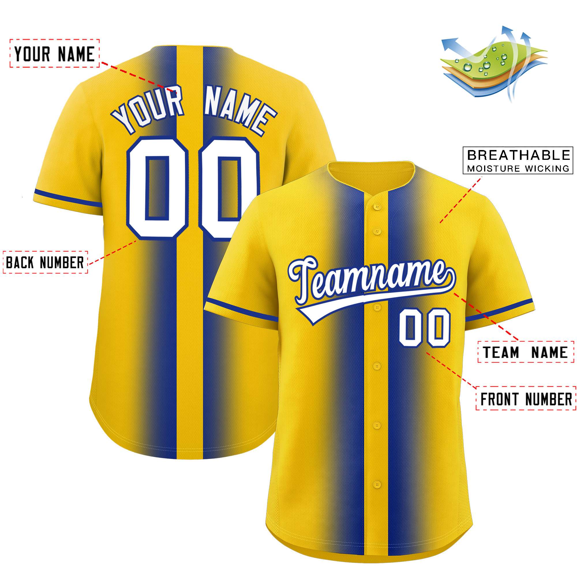 Custom Gold Royal Lapel Gradient Fashion Authentic Baseball Jersey| KXKSHOP