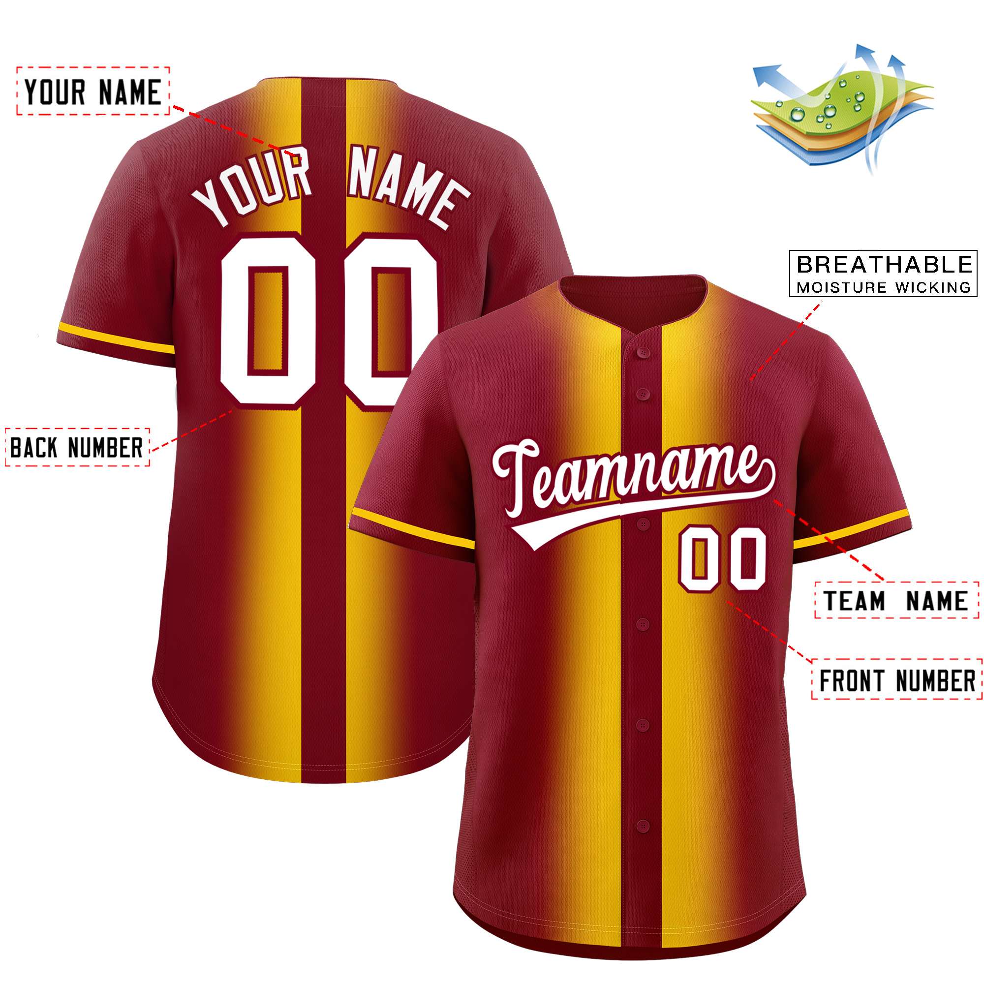 Custom Crimson Gold Lapel Gradient Fashion Authentic Baseball Jersey| KXKSHOP