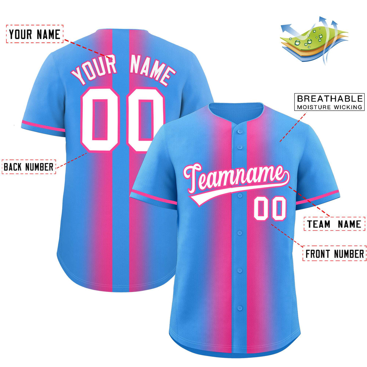 Custom Powder Blue Pink Lapel Gradient Fashion Authentic Baseball Jersey| KXKSHOP