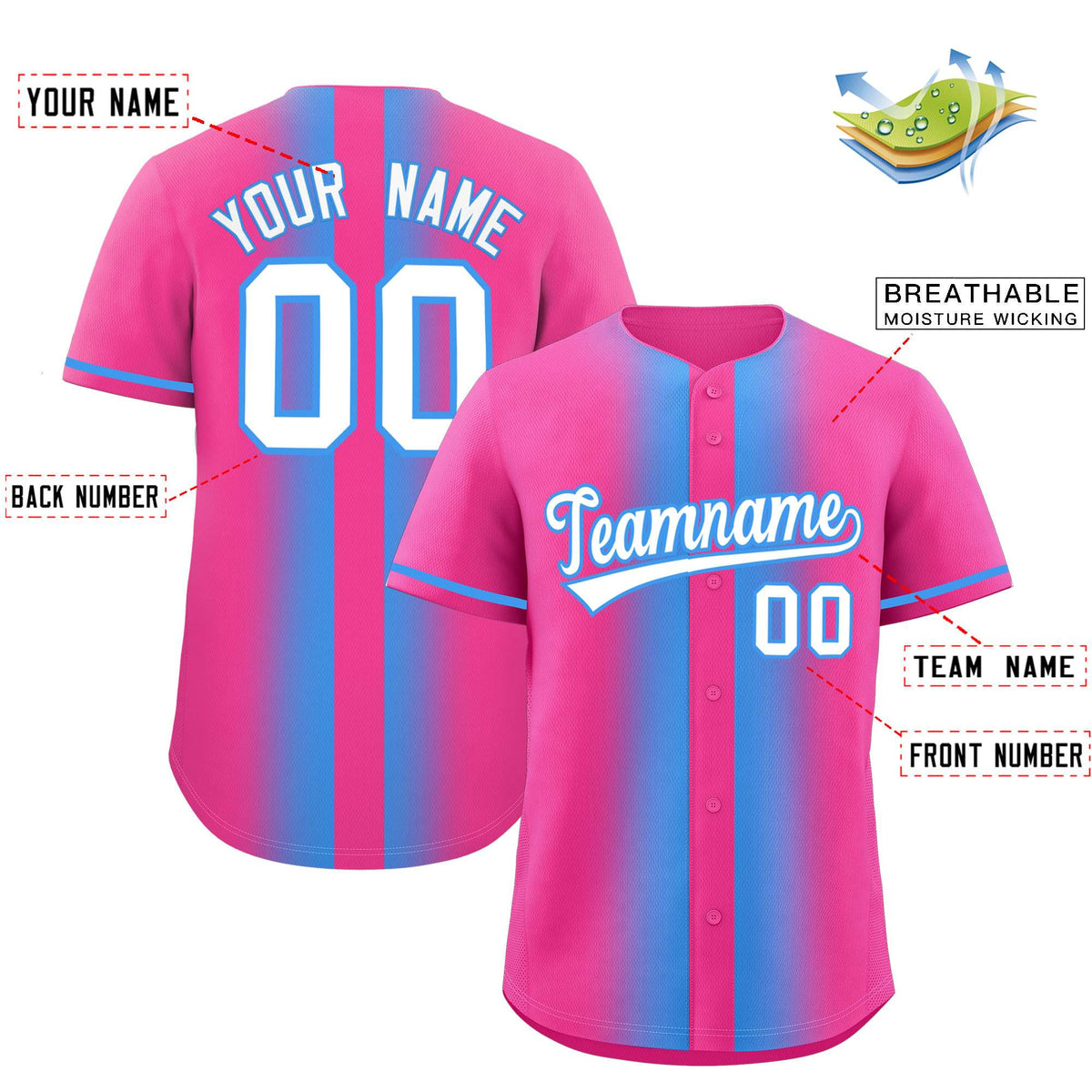 Custom Pink Powder Blue Lapel Gradient Fashion Authentic Baseball Jersey| KXKSHOP