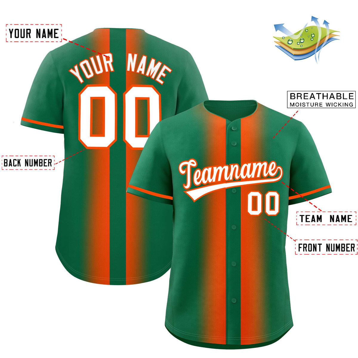 Custom Kelly Green Orange Lapel Gradient Fashion Authentic Baseball Jersey| KXKSHOP