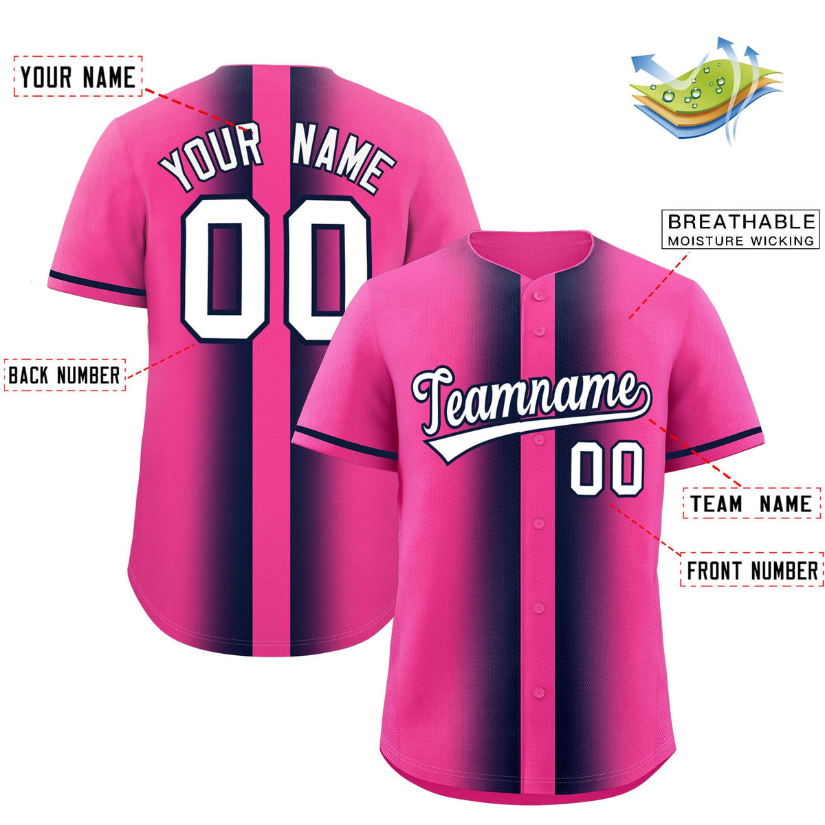 Custom Pink Navy Lapel Gradient Fashion Authentic Baseball Jersey| KXKSHOP