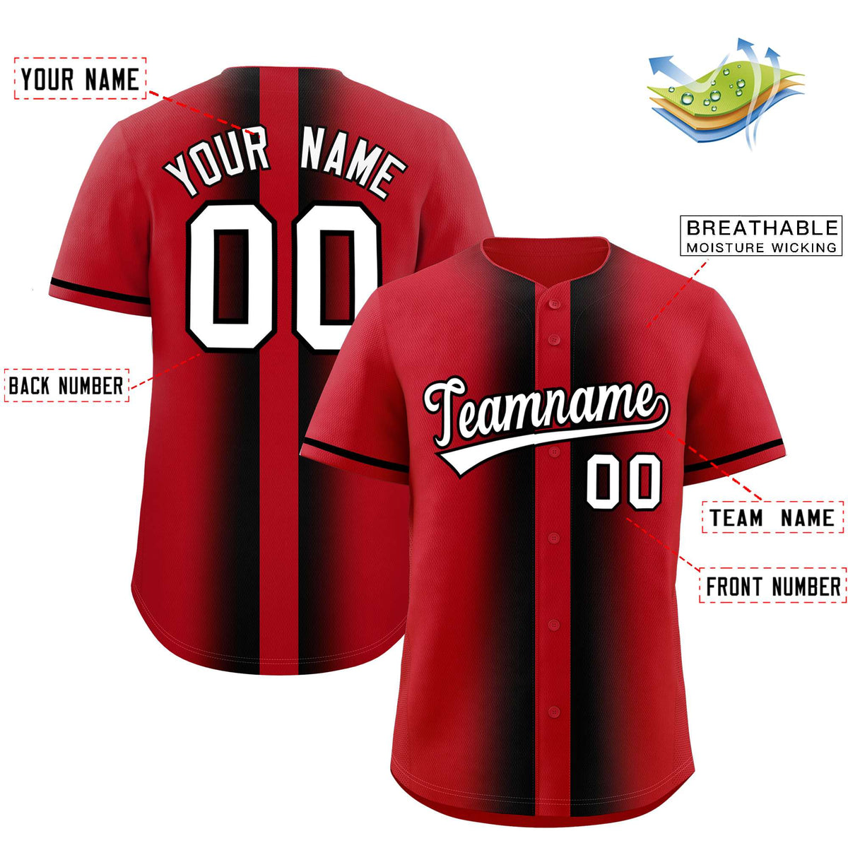 Custom Red Black Lapel Gradient Fashion Authentic Baseball Jersey| KXKSHOP
