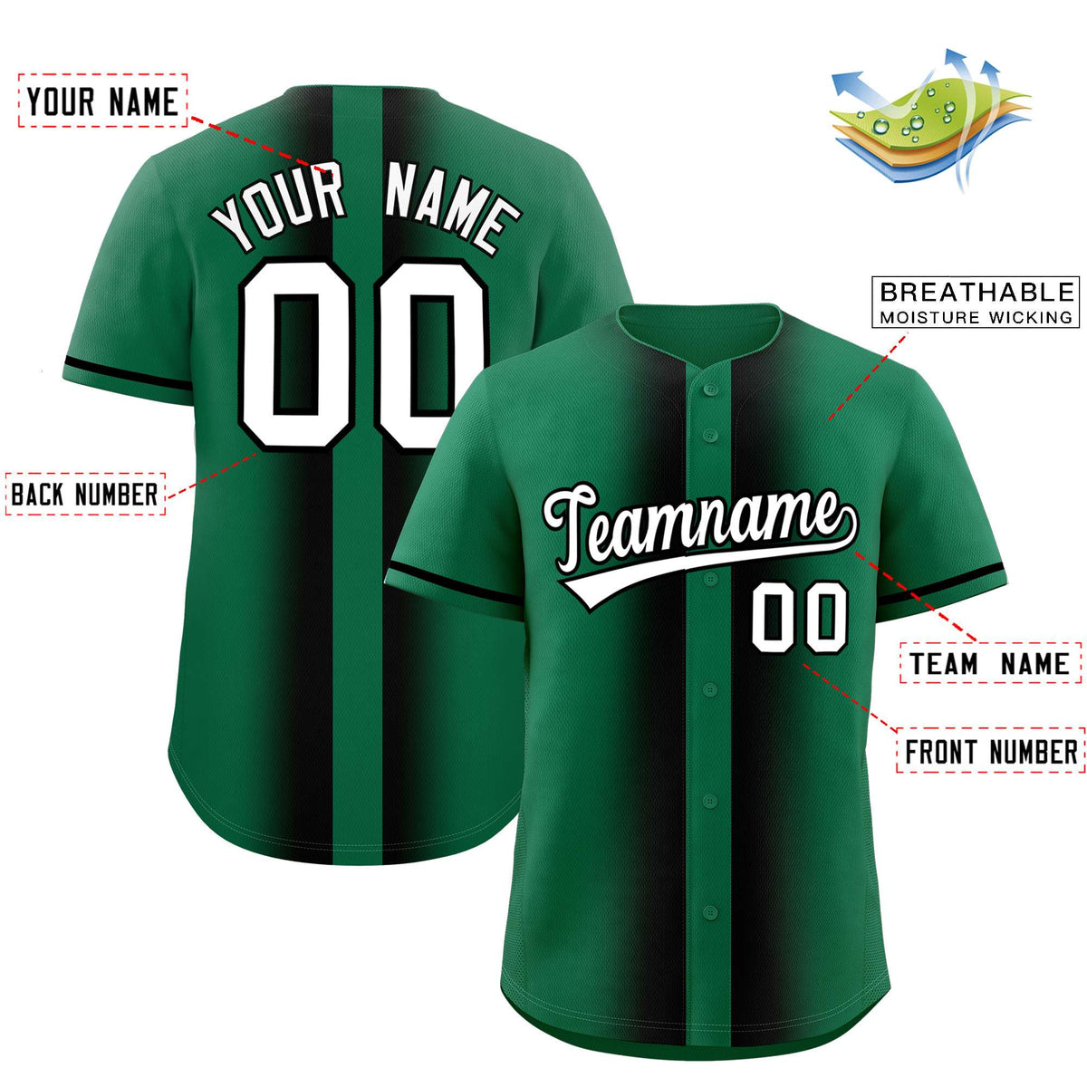 Custom Kelly Green Black Lapel Gradient Fashion Authentic Baseball Jersey| KXKSHOP