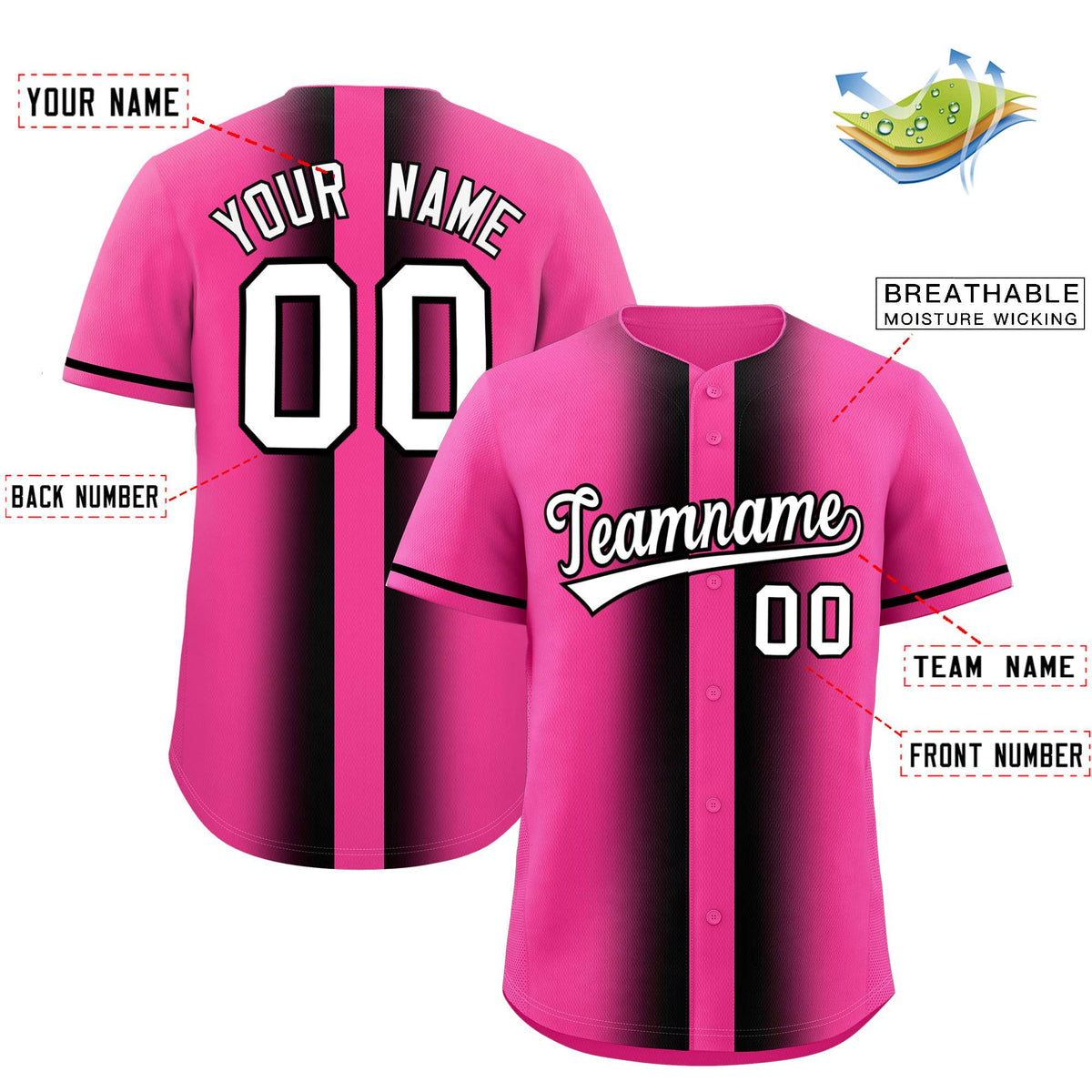 Custom Pink Black Lapel Gradient Fashion Authentic Baseball Jersey| KXKSHOP