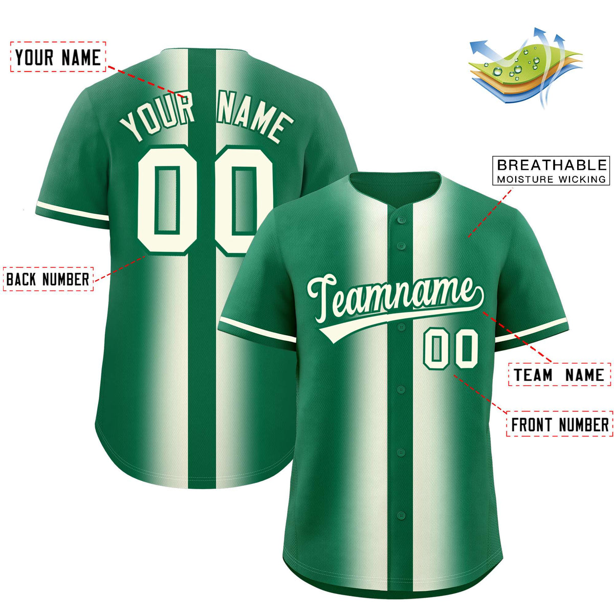 Custom Kelly Green Cream Lapel Gradient Fashion Authentic Baseball Jersey| KXKSHOP
