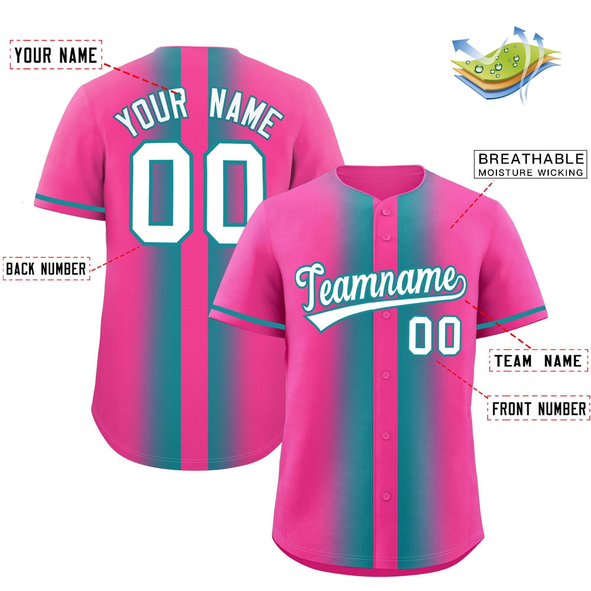 Custom Pink Aqua Lapel Gradient Fashion Authentic Baseball Jersey| KXKSHOP
