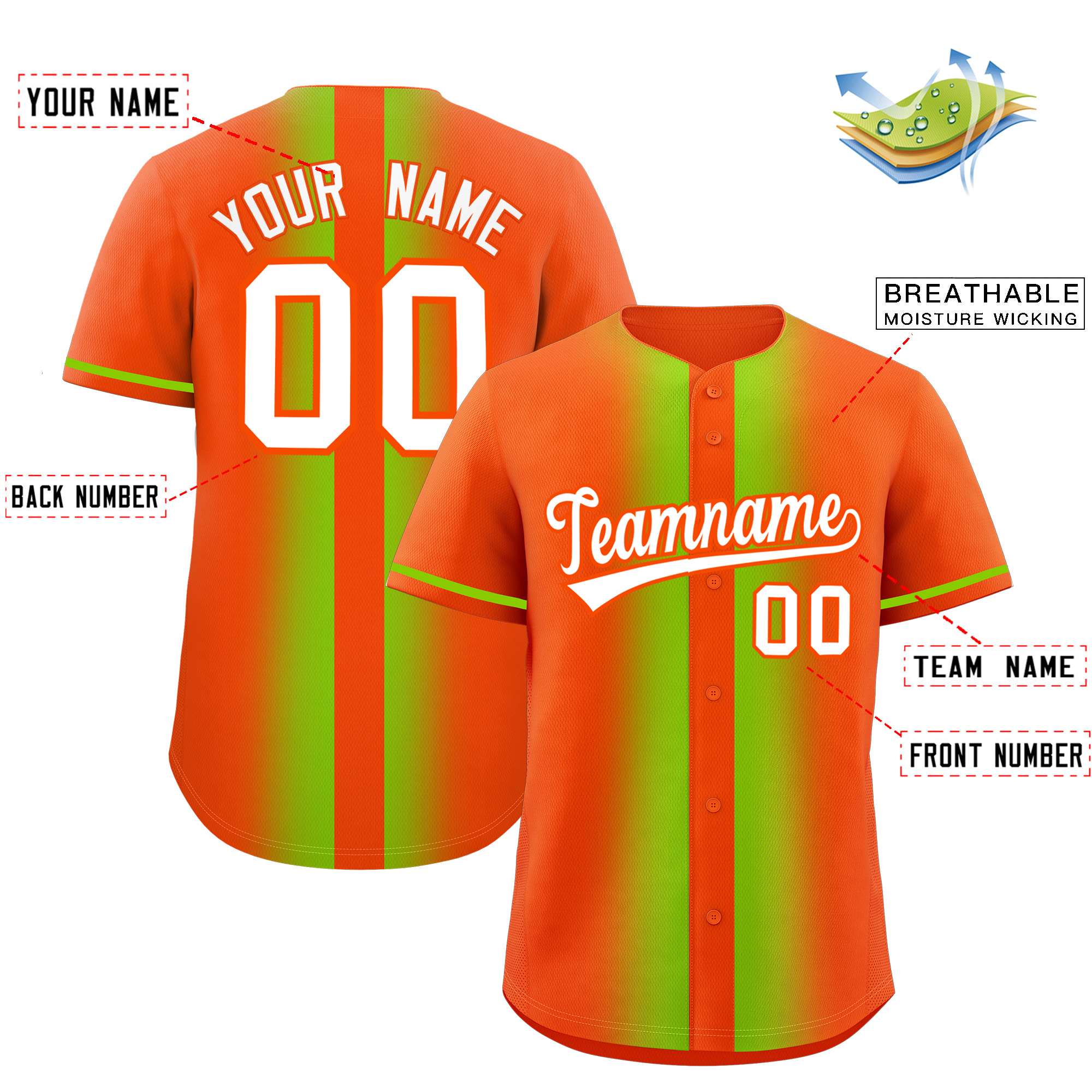 Custom Orange Neon Green Lapel Gradient Fashion Authentic Baseball Jersey| KXKSHOP
