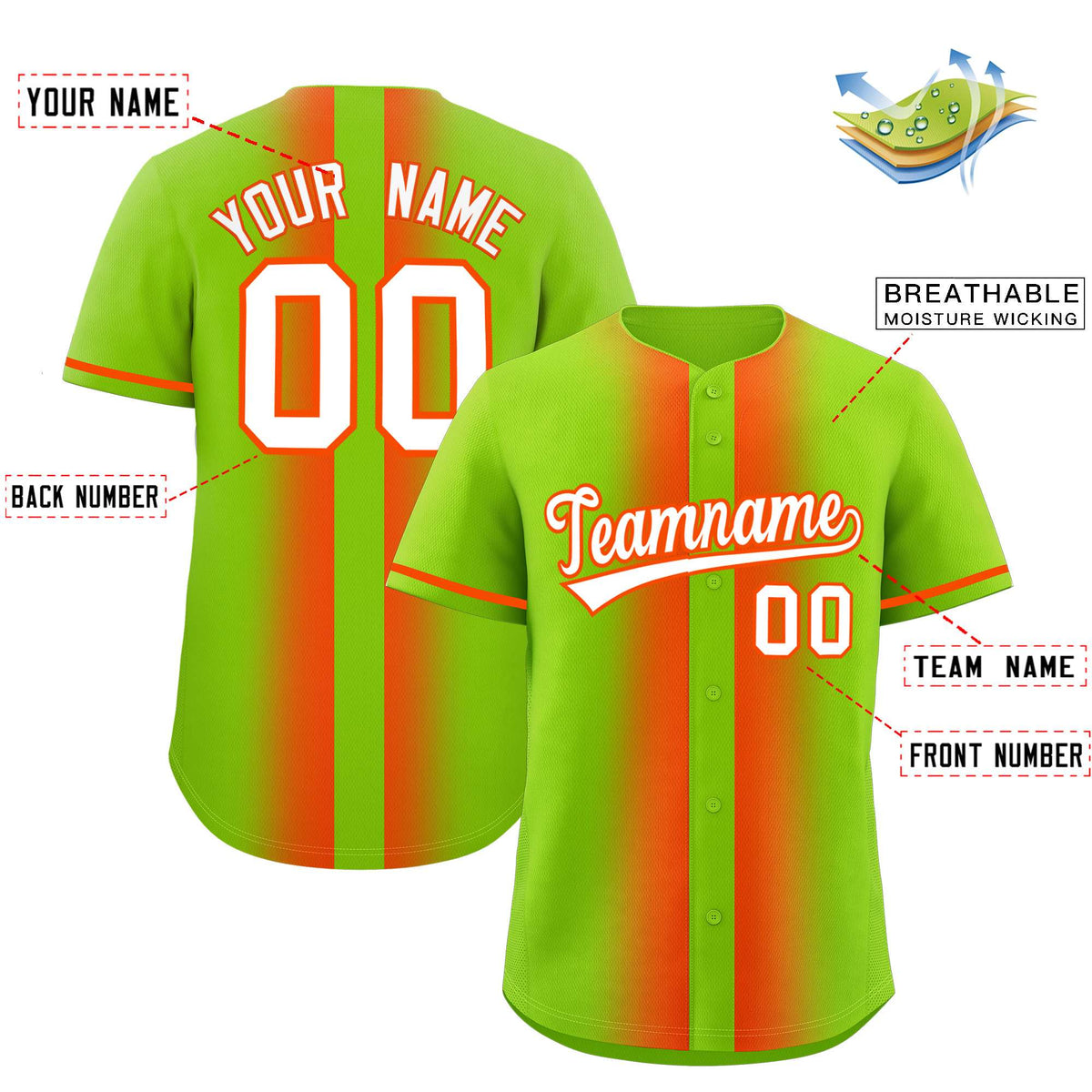 Custom Neon Green Orange Lapel Gradient Fashion Authentic Baseball Jersey| KXKSHOP