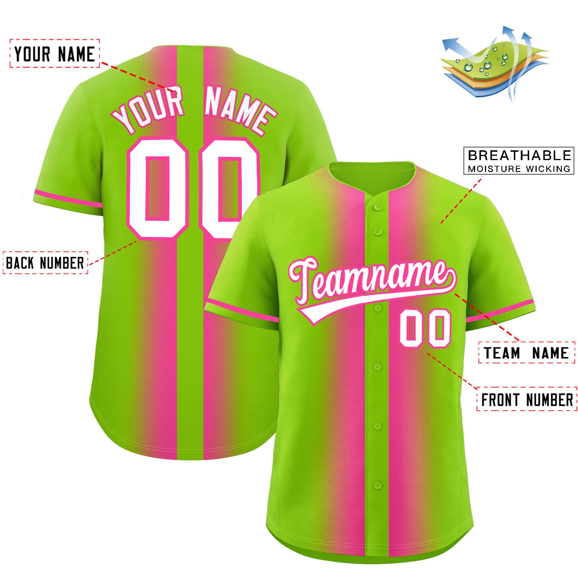 Custom Neon Green Pink Lapel Gradient Fashion Authentic Baseball Jersey| KXKSHOP