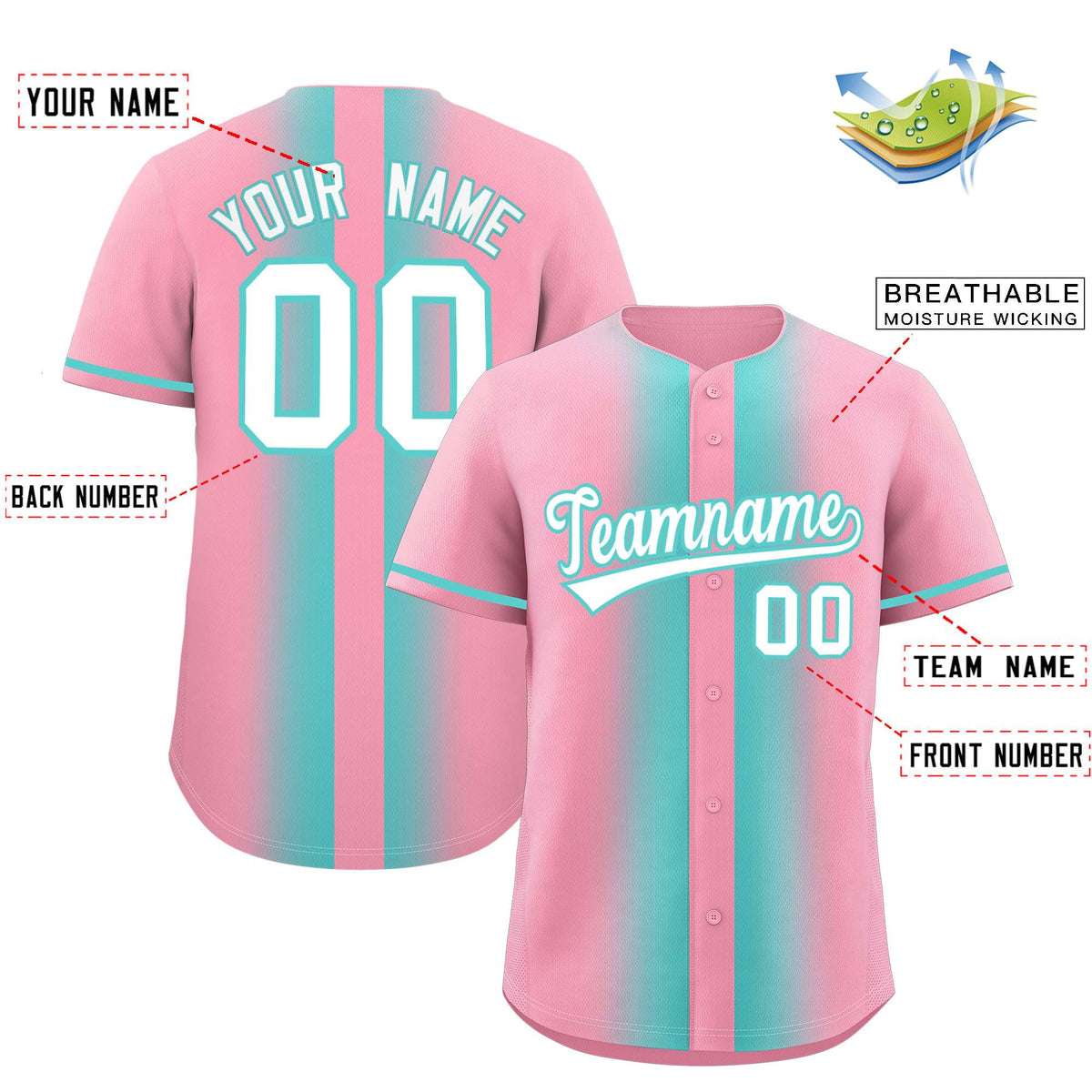 Custom Light Pink Bright Green Lapel Gradient Fashion Authentic Baseball Jersey| KXKSHOP