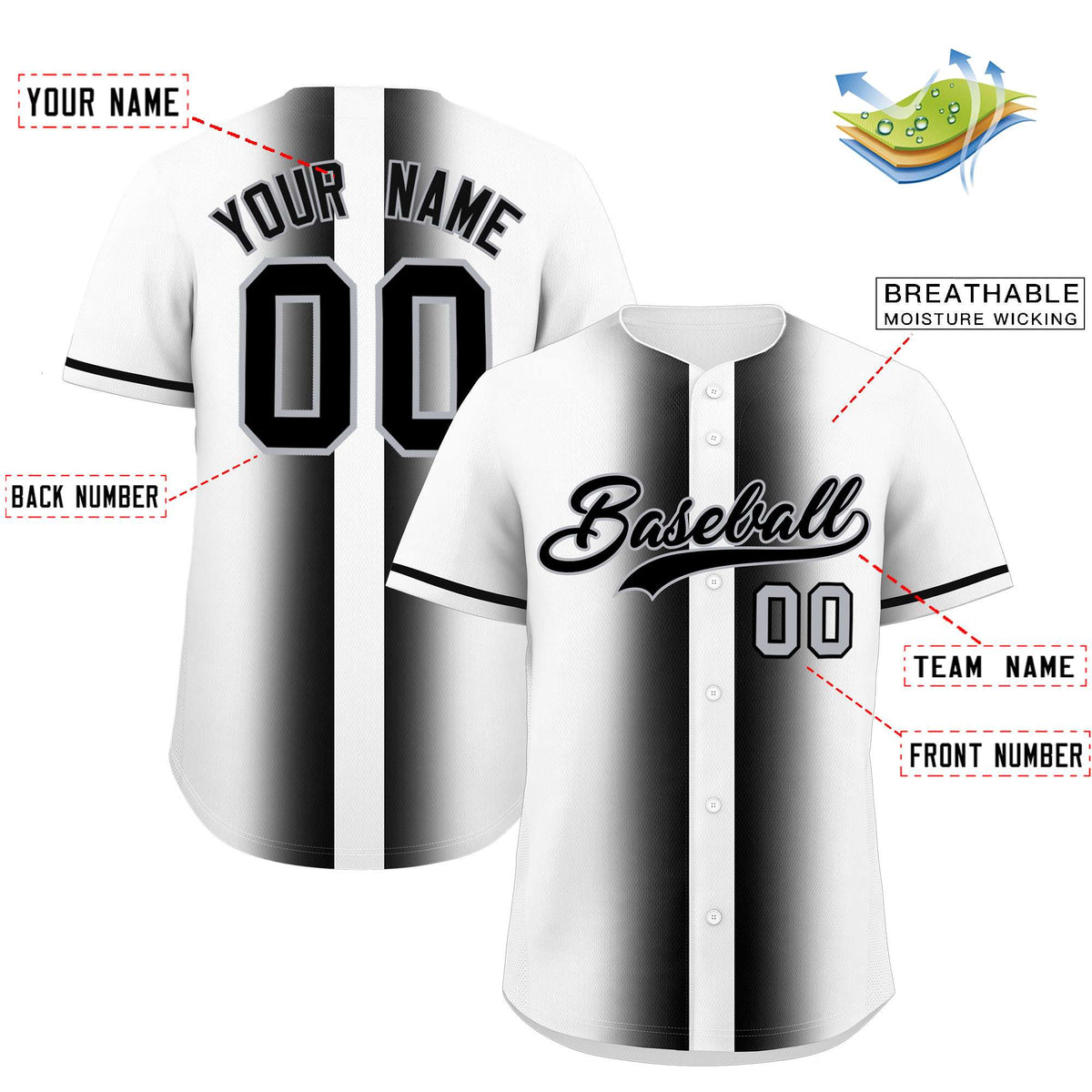 Custom White Black Lapel Gradient Fashion Authentic Baseball Jersey| KXKSHOP