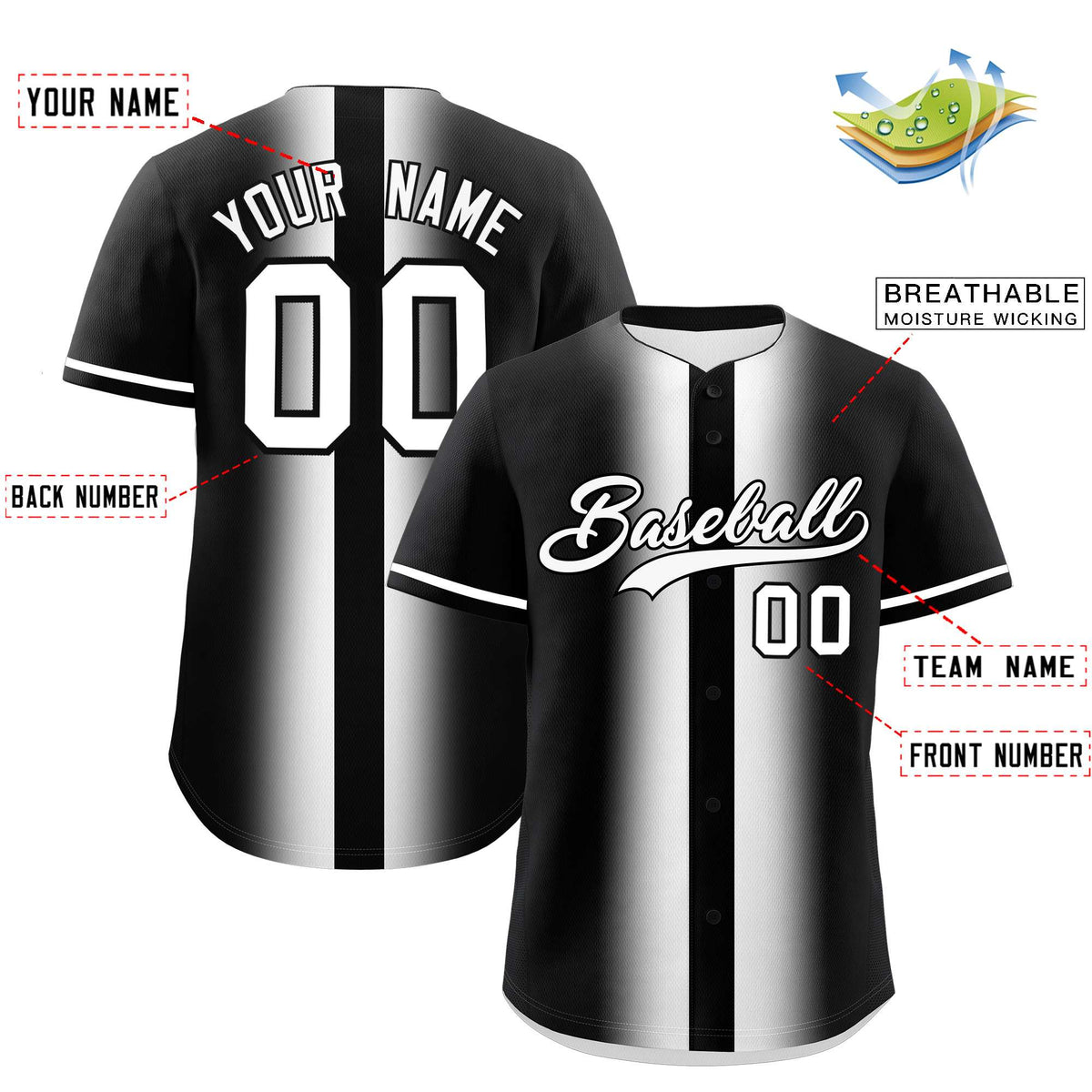 Custom Black White Lapel Gradient Fashion Authentic Baseball Jersey| KXKSHOP
