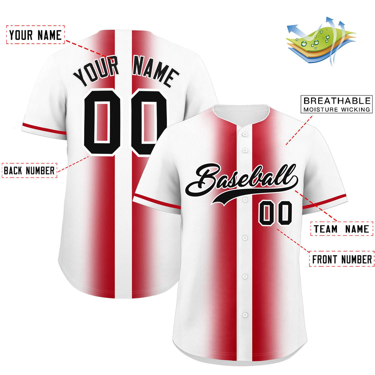Custom White Red Lapel Gradient Fashion Authentic Baseball Jersey| KXKSHOP