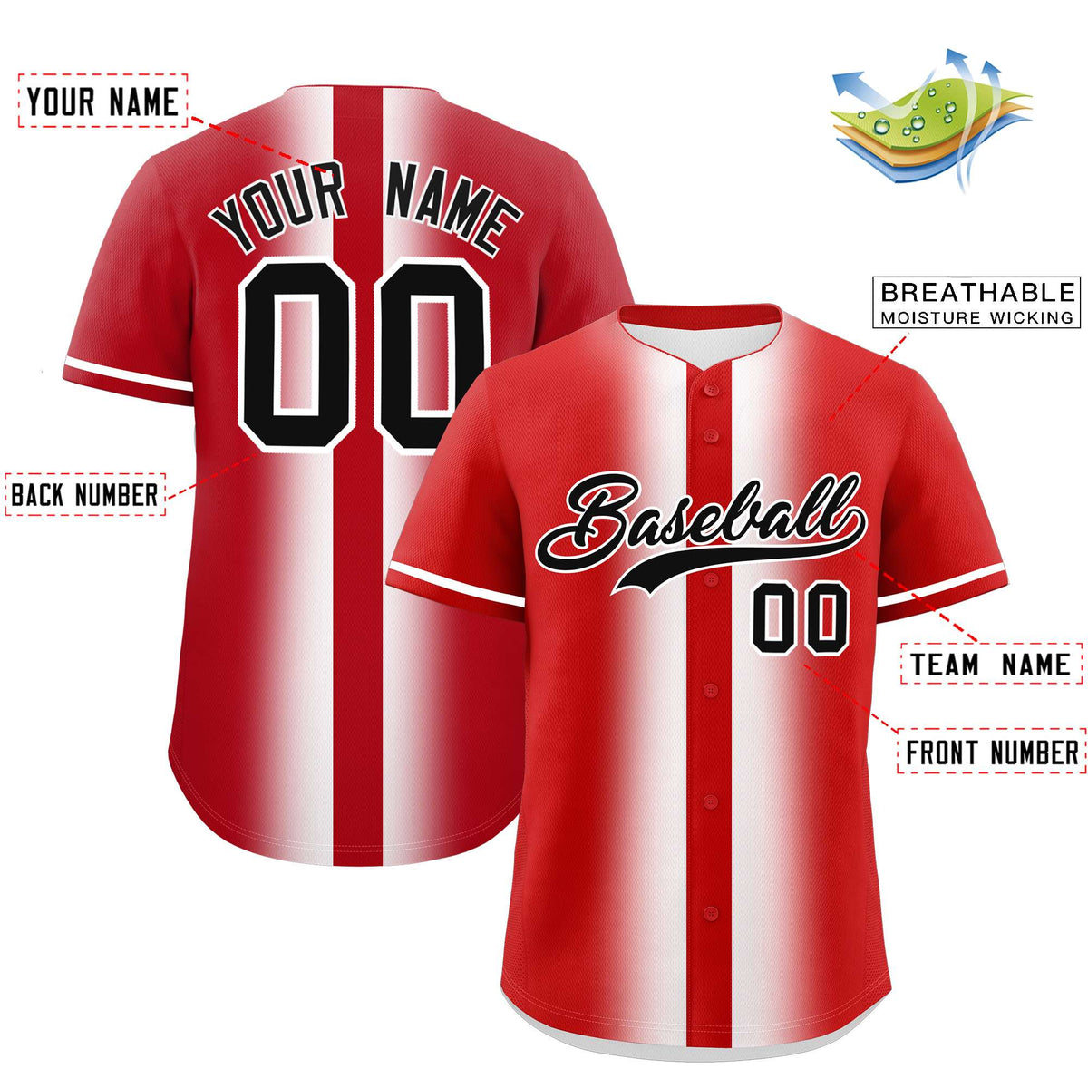 Custom Red White Lapel Gradient Fashion Authentic Baseball Jersey| KXKSHOP