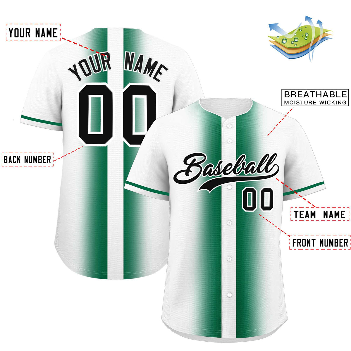 Custom White Kelly Green Lapel Gradient Fashion Authentic Baseball Jersey| KXKSHOP