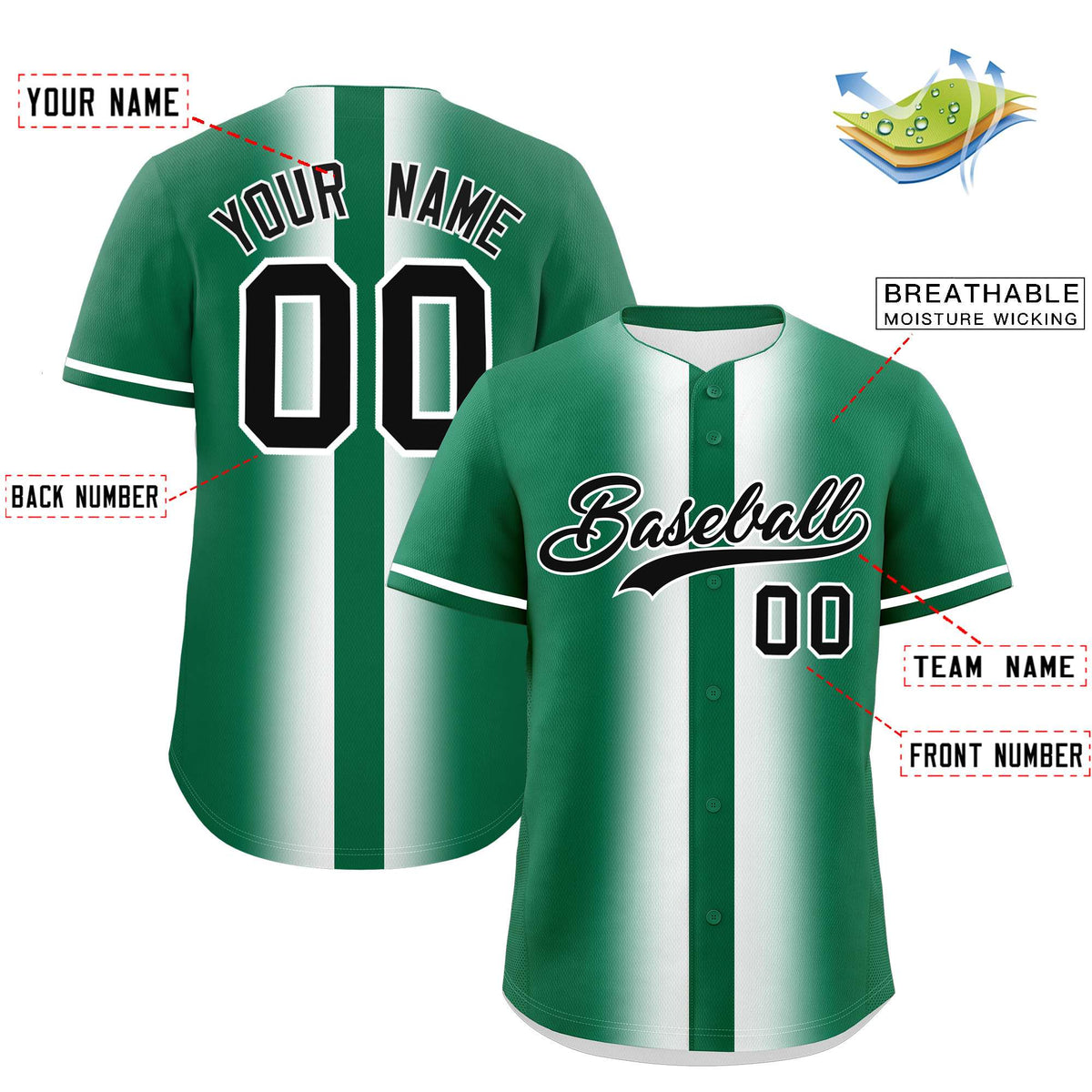 Custom Kelly Green White Lapel Gradient Fashion Authentic Baseball Jersey| KXKSHOP