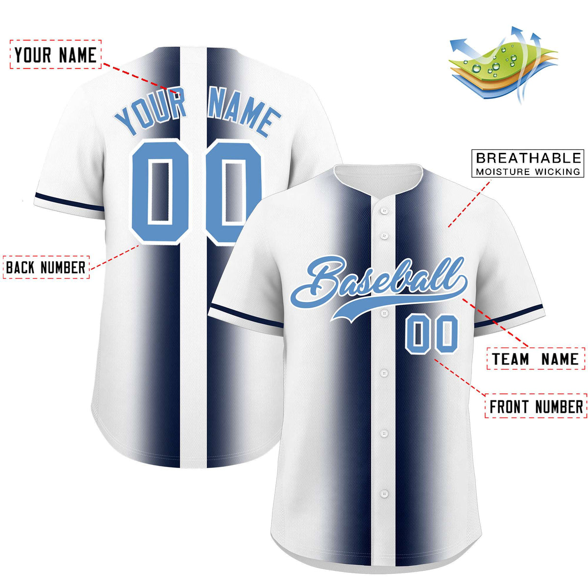 Custom White Navy Lapel Gradient Fashion Authentic Baseball Jersey| KXKSHOP
