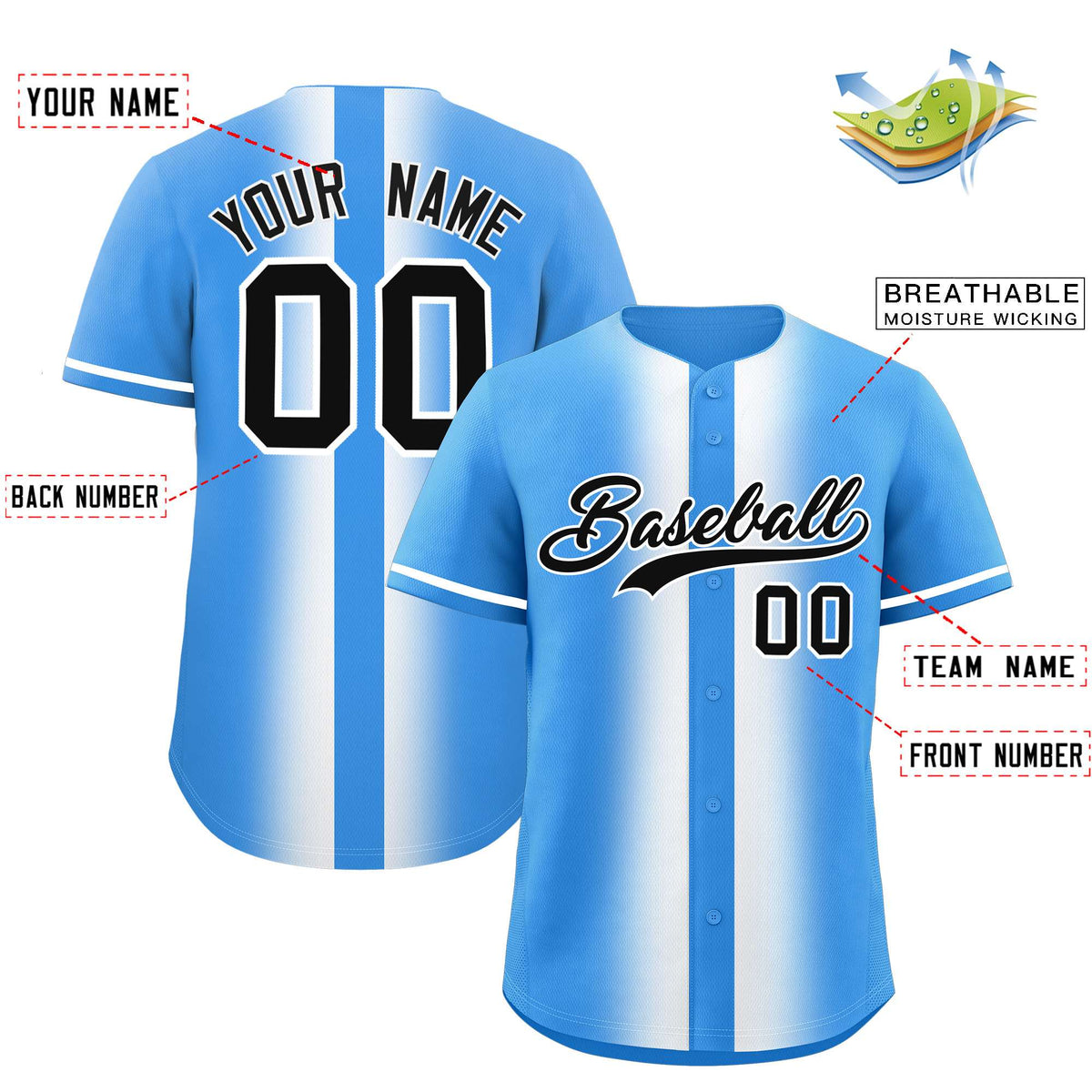 Custom Powder Blue White Lapel Gradient Fashion Authentic Baseball Jersey| KXKSHOP