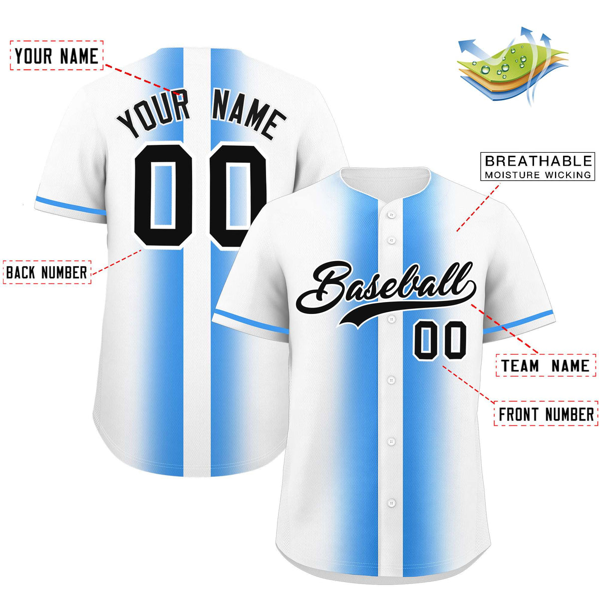 Custom White Powder Blue Lapel Gradient Fashion Authentic Baseball Jersey| KXKSHOP