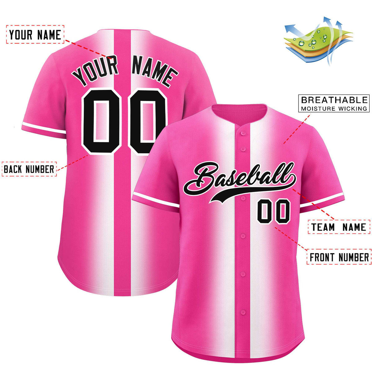 Custom Pink White Lapel Gradient Fashion Authentic Baseball Jersey| KXKSHOP