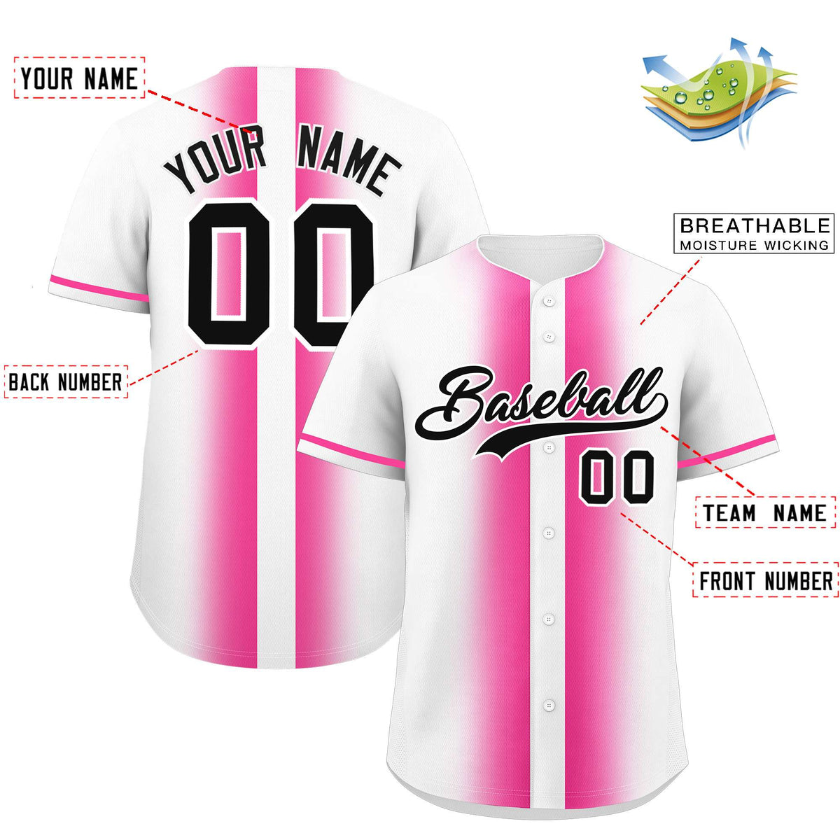 Custom White Pink Lapel Gradient Fashion Authentic Baseball Jersey| KXKSHOP